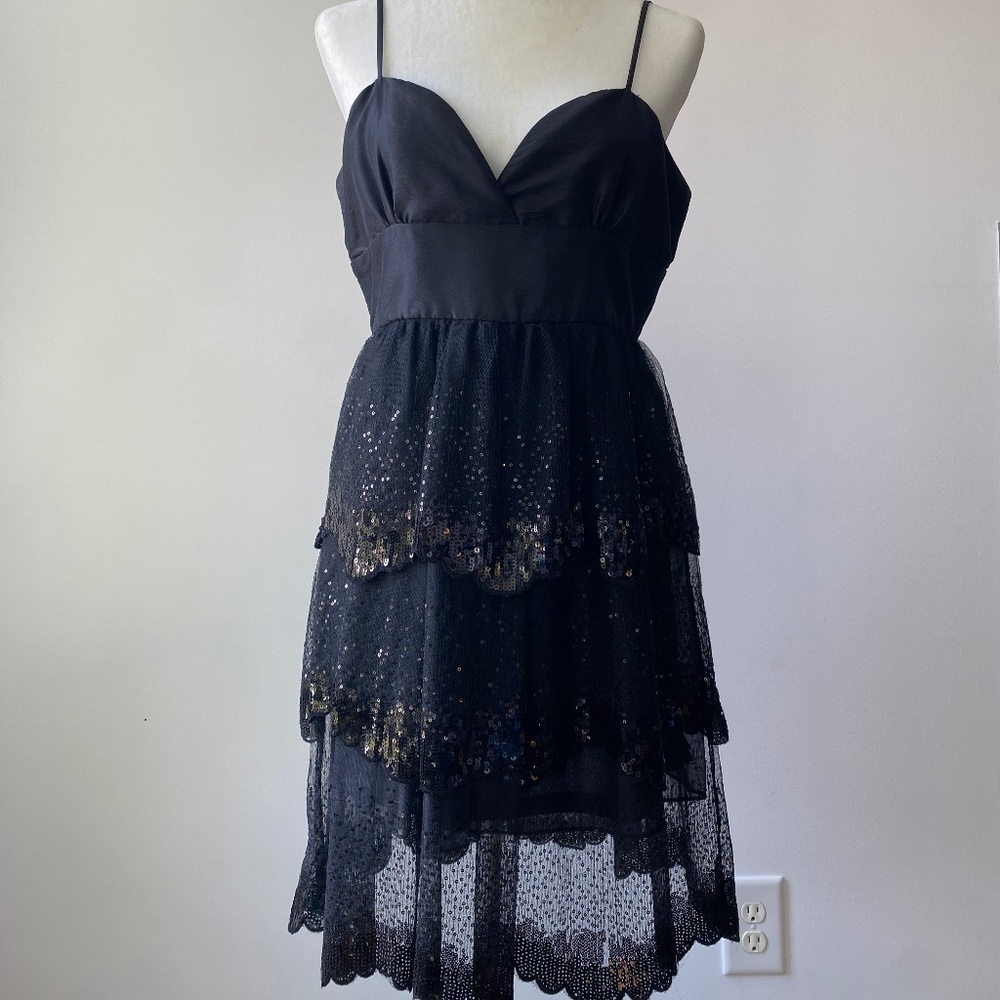 Black Satin Sweetheart Neck Party Dress with Sequin Overlay, Sz L